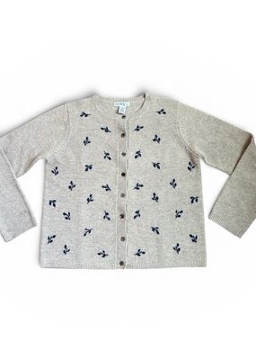 Vintage Galyan’s 100% Lambswool Cardigan Sweater Women’s M Tan Floral 90s